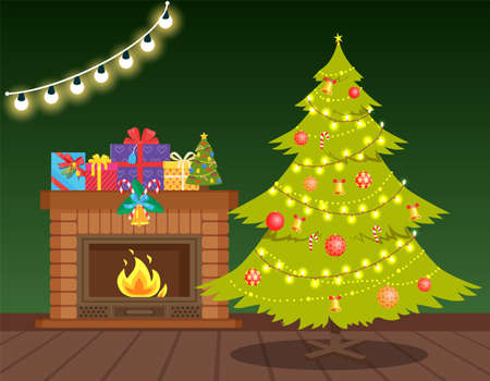 Christmas winter holiday, decoration of house vector, Garlands and baubles, presents and gifts with boxes and wrapping. Bell with lollipop sticks sweetsのイラスト素材