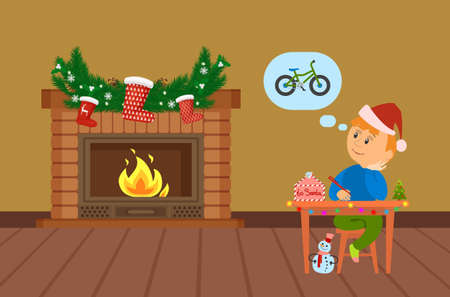Boy sitting at table decorated garland and Christmas tree writing letter to Santa about bicycle. Child near fireplace adorned with pine branches vectorのイラスト素材