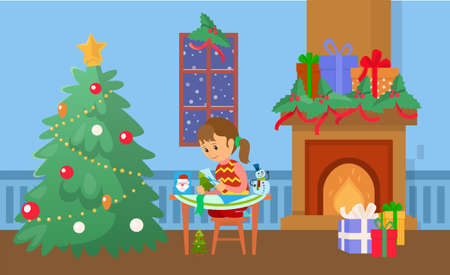 Christmas tree and child making handmade presents vector. Home interior, baubles and balls decoration, gifts on fireplace with flame, happy holidayのイラスト素材