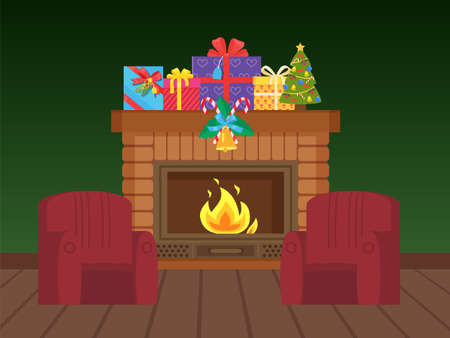 Christmas winter holiday celebration at house vector. Decoration of home, presents and bells with candy sticks, seats armchairs standing close to fireplaceのイラスト素材