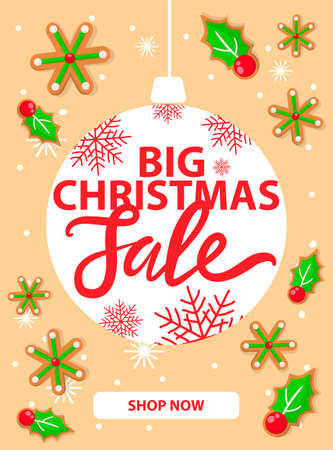 Big Christmas sale with pattern of snowflakes, shop now web icon. Holiday colorful page with snowflakes and mistletoe leaves and flakes of snow vectorのイラスト素材