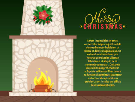 Merry Christmas greeting card stone fireplace. Burning firewoods, granite bonfire hearth vector. Flame and logs, New Year decoration wreath with mistletoeのイラスト素材