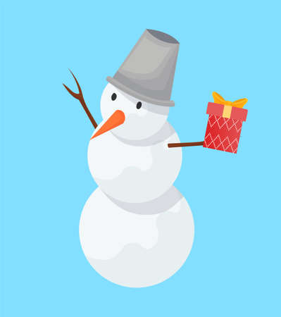 Snowman with cap on head and carrot nose. Christmas decoration man with hands form branches holding gift box with pattern and bow isolated on blue vectorのイラスト素材