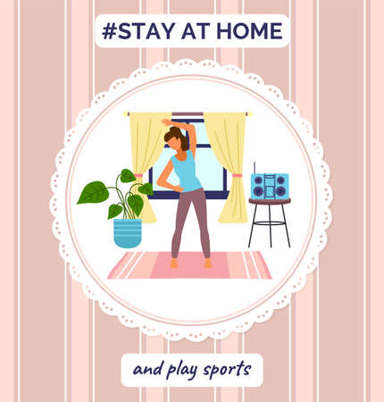 Stay at home and play sports. Quarantine self-isolation at home. Woman make sport exercises, training to music. Energy of body, good mood. Concept of starting new life during quarantine isolationのイラスト素材