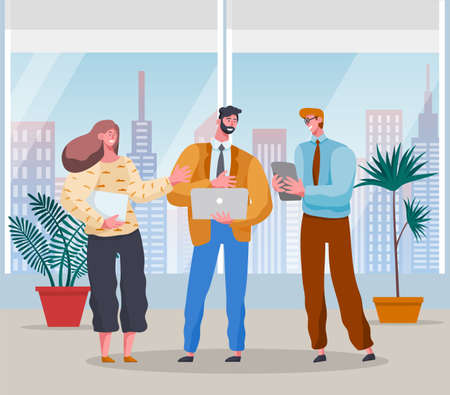 Office workers communicating. Business people standing discussing project, startup looking at digital tablet. Guy holding laptop. Teamwork, partnership. Happy colleagues talking. City in windowsのイラスト素材