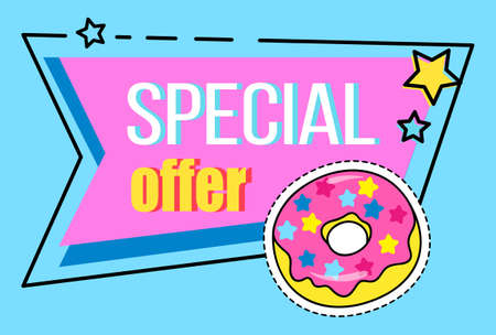 Big sale special offer with inscription and cartoon donut in pink and blue colors. Super sale best price and super quality advertising poster. Sale colored banner. Discount poster templateのイラスト素材