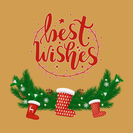 Holidays greeting card Best Wishes on red pattern. Pine branches and cones with snowflakes and Santa socks with design of deer and trees with lines vectorのイラスト素材
