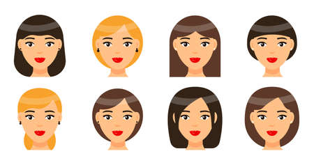 Set of women types of haircuts or hairstyles. Brunette, brown-haired and blonde girls. Avatars of beautiful ladies with red lips and earrings. Short or long hairstyle. Collection of cartoon portraitsのイラスト素材