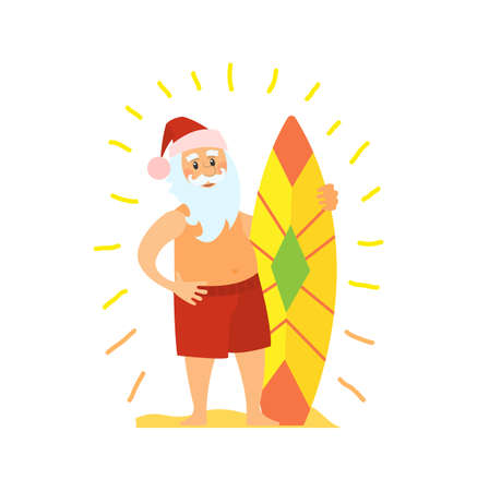 Santa Claus and surfing board, Christmas character on summer rest. Vector Saint Nicholas surfer in tropical country, man in hat and beard, vectorのイラスト素材