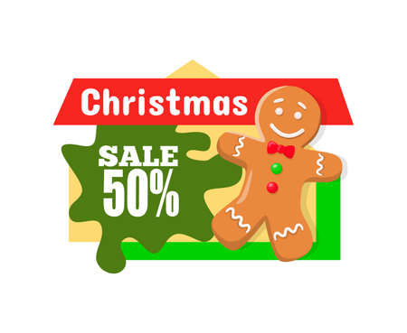 Christmas sale 50 percent off discount, gingerbread boy sweet cookie and price tag with info about discounts. Half cost reduce advertisement labelのイラスト素材