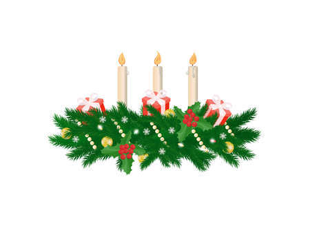 Christmas branch with fire candles and presents. Coniferous twig warped gold chaplet with snowflakes and balls. Shining winter decoration vector isolatedのイラスト素材