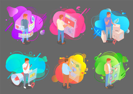 Customer collection, rating, likes, dislikes, using social network, watching video, man and delivery, boxes and package, promo actions, discounts, spending money in online shop, choosing productのイラスト素材