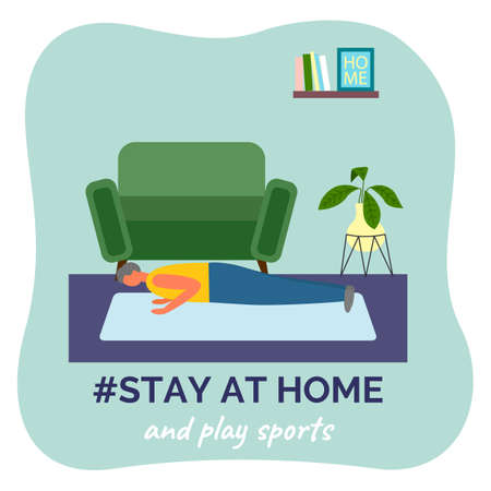 Stay at home and play sports. Quarantine self-isolation leisure. Man making push-up exercise. Home gym. Guy doing exercise for hands, biceps, triceps. Energy of body, losing weight, healthy lifestyleのイラスト素材