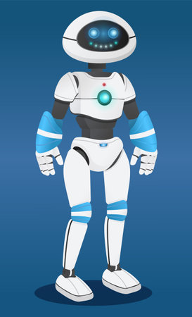 Futuristic robot at blue background, artificial intelligence. Innovative humanized model of robot. Realistic smiling with hands. Cybernetic science. Electronic droid with sensors and lampsのイラスト素材