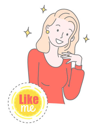 Like me text inscription. Cute cartoon character girl. Isolated at white portrait of smiling young girl. Cute pretty girl wearing sweater shining her appearance. Simple avatar of young lovely femaleのイラスト素材