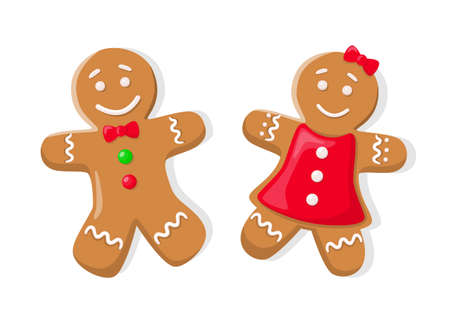 Holiday gingerbread, smiling girl in dress and boy with bow and buttons. Happy New Year decoration in flat style isolated on white vectorのイラスト素材