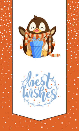 Sitting cheerful penguin with hands up, dressing scarf near gift box in stripes. Best wishes paper card with frame and points on orange background vectorのイラスト素材