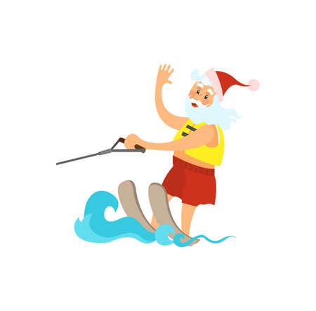 Santa Claus riding on water skies in red hat, New year character on summer holidays vector isolated. Water splashes and elderly man active way of lifeのイラスト素材