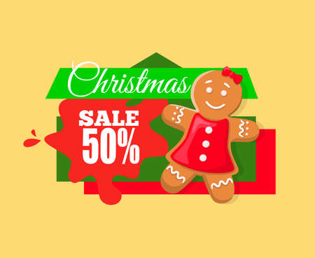 Christmas sale 50 percent off discount, gingerbread boy sweet cookie and price tag with info about discounts. Half cost reduce advertisement labelのイラスト素材