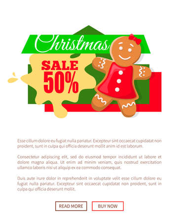 Vector discount label with info about price off, New Year special offer, girl cookie. Christmas sale 50 percent off, gingerbread woman decoration price tagのイラスト素材