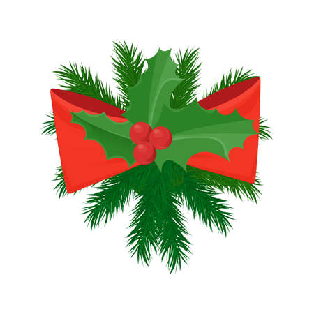 Coniferous branch Christmas decoration with big red bow and leaves. Single holiday twig with rowan berries in flat style isolated on white vector iconのイラスト素材