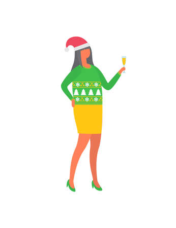 Girl celebrating Christmas, woman in skirt and sweater with Xmas trees, Santa Claus hat and glass of champagne. Vector female in flat design isolated.のイラスト素材