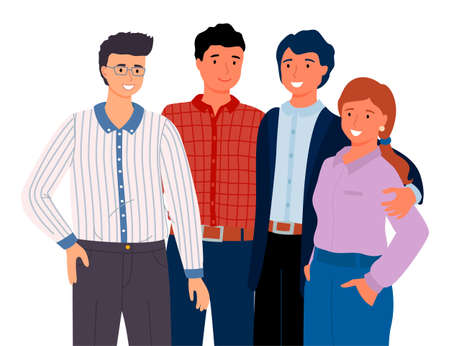 Multinational people with different colors of hair. Young guys and men with red-haired girl with ponytail. Group of friends, stylish people. Man in glasses. Executive guy in shirt. Guy with blue hairのイラスト素材