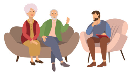 Old man and woman are sitting on a large brown sofa. The psychologist is sitting with a paper and asking questions. Married couple sitting on the couch together with happy psychotherapy sessionのイラスト素材