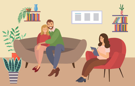 A man and a woman are sitting on a large brown sofa. The psychologist is sitting with a paper and asking questions. Married couple sitting on the couch together with happy psychotherapy sessionのイラスト素材