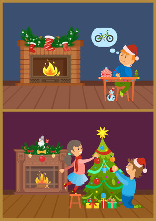 Boy and girl decorating Christmas tree with gift boxes near ornamented fireplace with burning woods. Child writing letter to Santa about bicycle vectorのイラスト素材