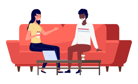 Girls are sitting on the couch and communicating. Women are drinking coffee and working from home together. Female character in mask looking at laptop monitor. Interior design of a living roomのイラスト素材