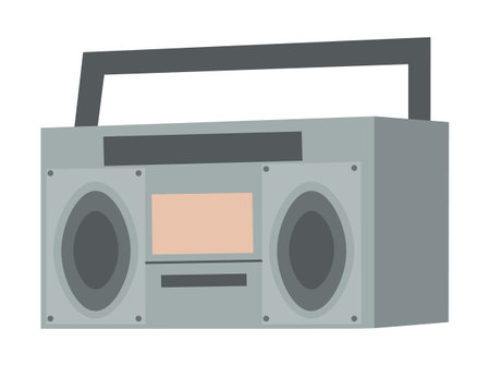 Vector retro tape recorder for audio cassettes. Magnetic cassete player isolated on white background. Music boombox flat image modern trendy design. Concept of street art, vintage gray audio systemのイラスト素材