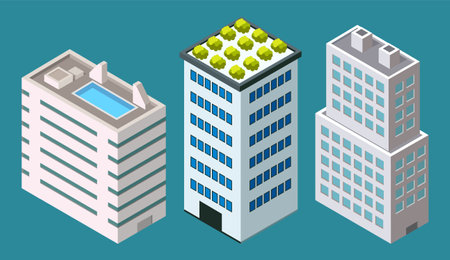 Skyscraper different building set with green plants on the roof in flat style concept top view isolated. Modern urban structure with house facade. Industrial constructions with apartmentsのイラスト素材