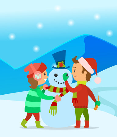 Happy children sculpts a snowman in the park. Vector winter illustration of a small girl and boy making snowman together. Winter outdoor recreation, wintertime games and leisure activity for kidsのイラスト素材