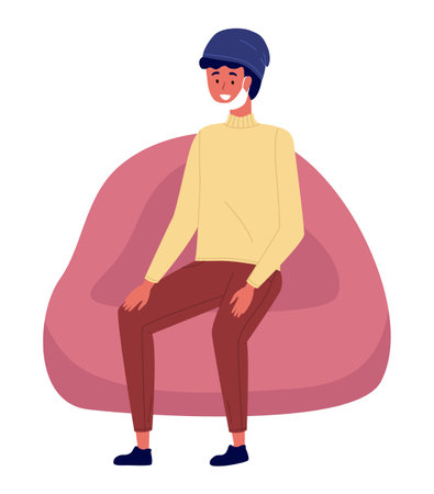 Handsome man working at home vector illustration. Guy is sitting in a bag chair with mask on his face. Male character isolated on white background. Freelancer works from home. Hipster resting at homeのイラスト素材