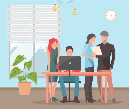 Staff analyzes data and study metrics. Employees spend time together. People work on the computer. Working day in the office. Colleagues study information on a piece of paper. Man looking at a monitorのイラスト素材