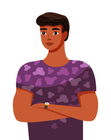 Handsome black or ethnic teenage boy or young athletic man avatar standing arms crossed. Pretty african american student portrait. Friendly cheerful dark male character wearing spotted lilac t-shirtのイラスト素材