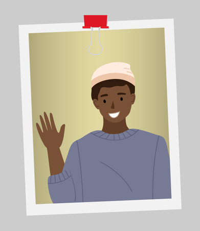 Afro american boy wave his hand. Male character shows greeting gesture with hand. Boy in sweater smiles and raises his hand. Light hat on the boy s head, photo card isolated on white backgroundのイラスト素材