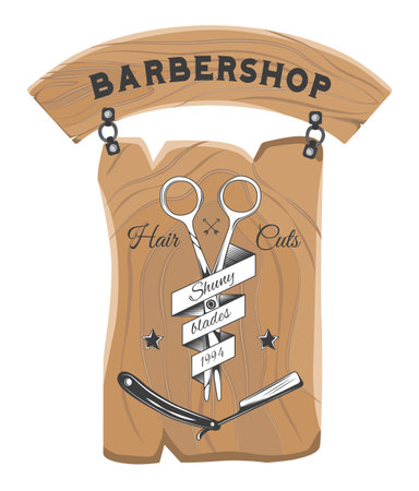 Barbershop salon wooden signboard with inscriptions, opened razor and scissors. Barber shop logotype, emblem with opened dangerous blade. Hairdresser advertising board, vintage barbershop labelのイラスト素材
