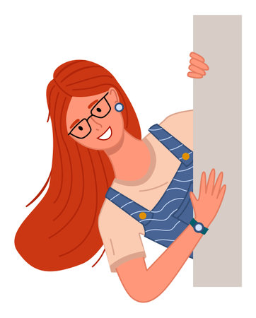 Young woman in glasses peeping from behind the wall vector Illustration on a white background. Happy curious looking girl with long red hair. Female character in playful mood spies watching someone,のイラスト素材