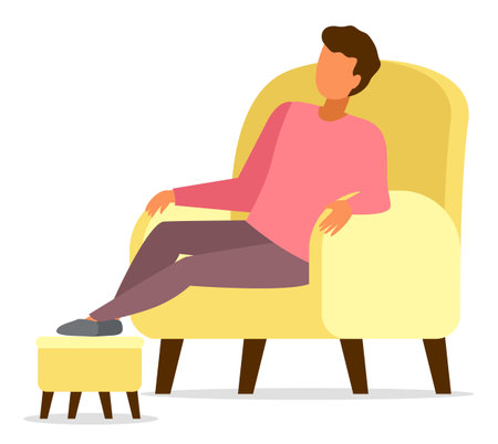Man sitting in yellow armchair relaxing, put his feet on a special soft padded stool stand, comfort home pastime vector illustration. Repose at home in the evening after a hard day lying in a chairのイラスト素材