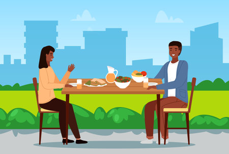 Table with fruit, salad and sandwiches. Couple eating natural food. People are having dinner outdoors. Characters on a date in the park. Afro American people communicate and spend time togetherのイラスト素材