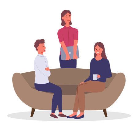 Couple of people is speaking and sitting on couch. Man and woman at a psychologist s appointment. Girl psychologist stands with a laptop in her hands. Cartoon characters isolated on white backgroundのイラスト素材