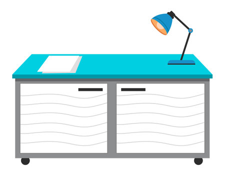 Doctors workplace at the table in the office. Blue desk and a lamp in medical cabinet isolated on white background. Furniture for a medical clinic with opening doors flat vector illustrationのイラスト素材