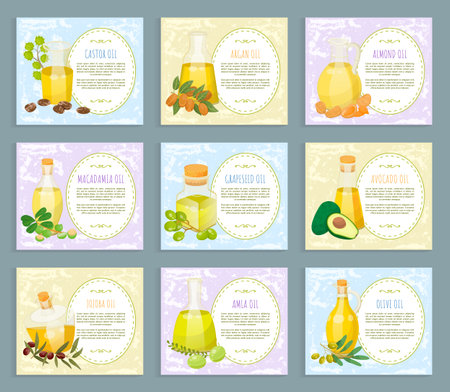 Set of pictures with labels about organic products. Glass vessels with liquid for hair care. Castor and jojoba, macadamia and grape seed, avocado and amla, argan and olive oils. Vector illustrationのイラスト素材