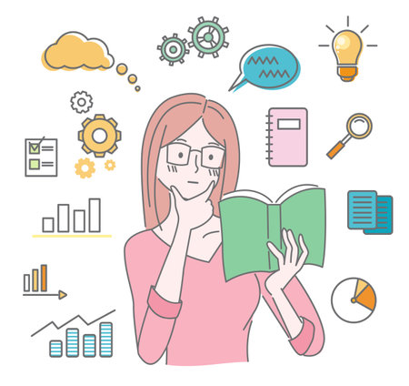 Hand-drawn pensive young girl in glasses reading a book. An information cloud around the head with reports, graphs, gears, analytics, ideas. Discover the world through reading. Hand drawn styleのイラスト素材