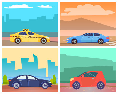 Cars on roads of modern cities or rural areas vector, set of transportation. Oldschool minivan big vehicle, taxi cab service and eco-friendly auto. Automobile by seaside illustration card or stikersのイラスト素材