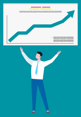 Business graphic and businessman, profit statistics or analysis vector. Office worker, manager or entrepreneur, growth or development arrow, stock exchangeのイラスト素材