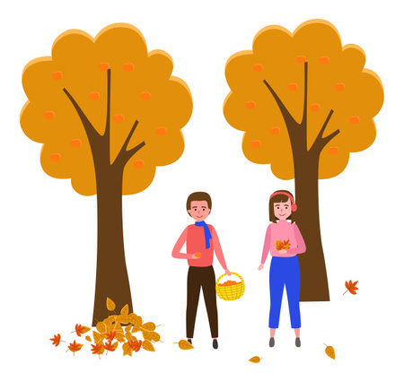 Girl collects fallen autumn leaves. Man collecting tangerines. Gardener standing with basket full with oranges. Autumn scenery and activity vector illustration. People isolated on white backgroundのイラスト素材