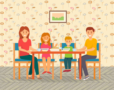 Happy family eating sitting at table in cafe or home. Mother, father, little girl and boy smiling. Breakfast, lunch or dinner time. Happy people spend time weekends together, enjoy of company, relaxのイラスト素材